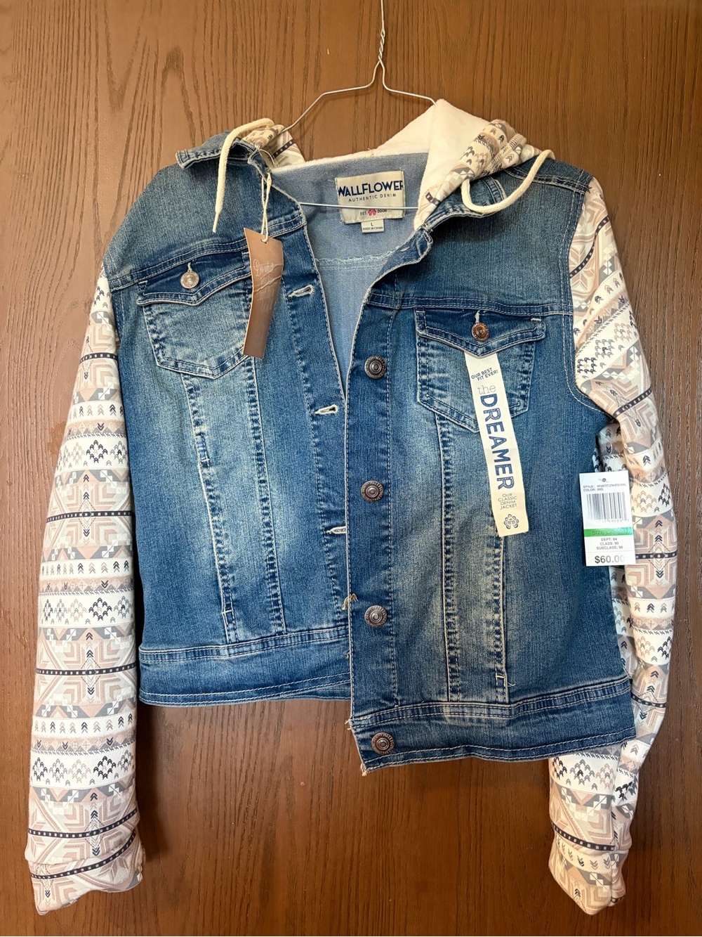 Wallflower Blue Denim Jacket with Cream Patterned Hooded Sleeves